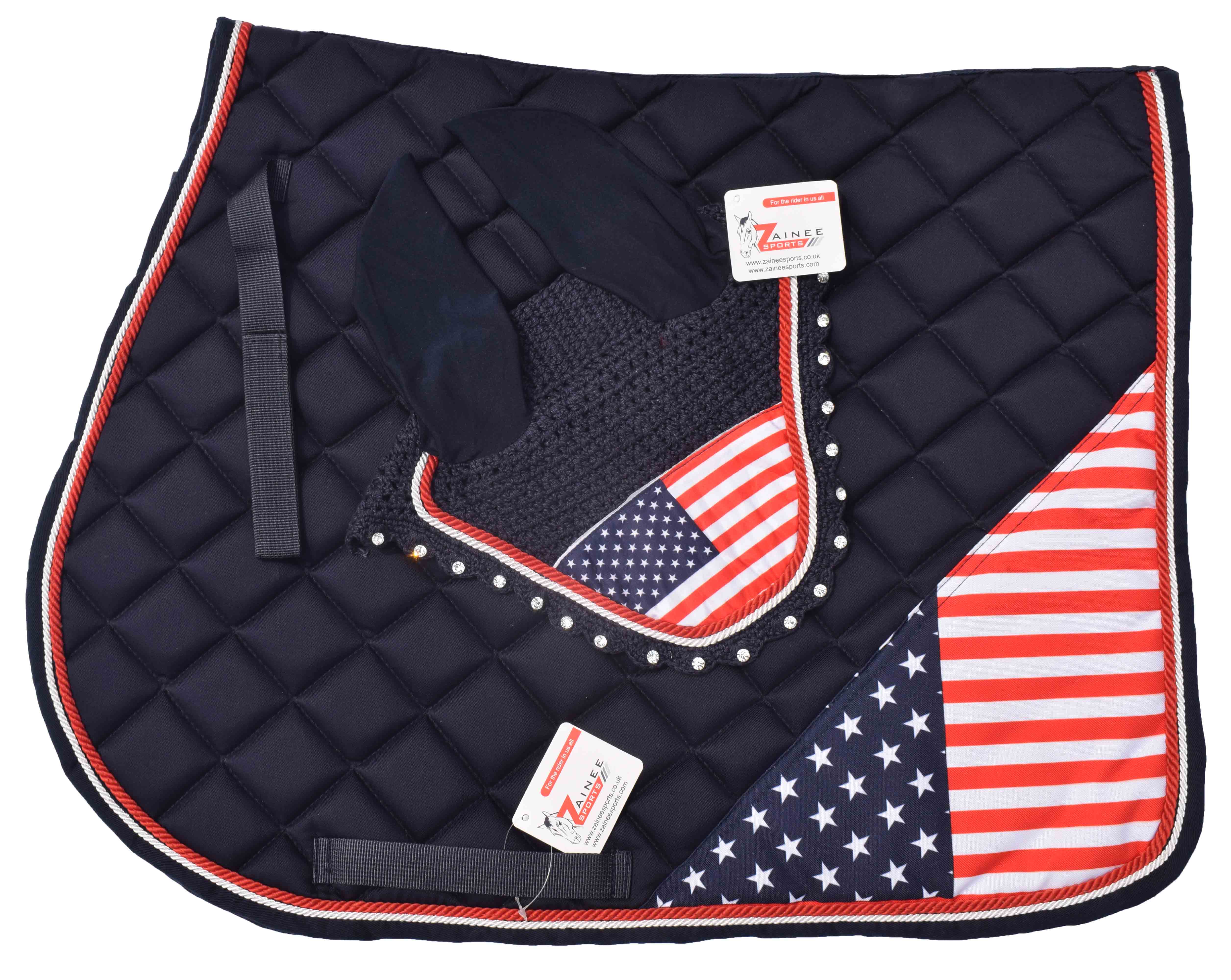 US Flag All Purpose English Saddle Pad Set With Matching Fly Veil Horse